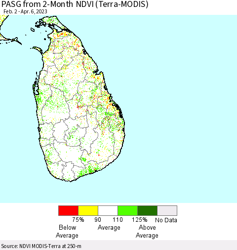 Sri Lanka PASG from 2-Month NDVI (Terra-MODIS) Thematic Map For 3/30/2023 - 4/6/2023