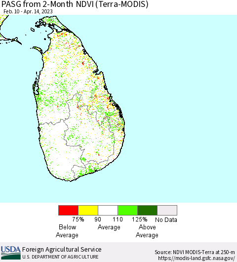 Sri Lanka PASG from 2-Month NDVI (Terra-MODIS) Thematic Map For 4/11/2023 - 4/20/2023