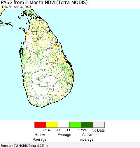 Sri Lanka PASG from 2-Month NDVI (Terra-MODIS) Thematic Map For 4/21/2023 - 4/30/2023