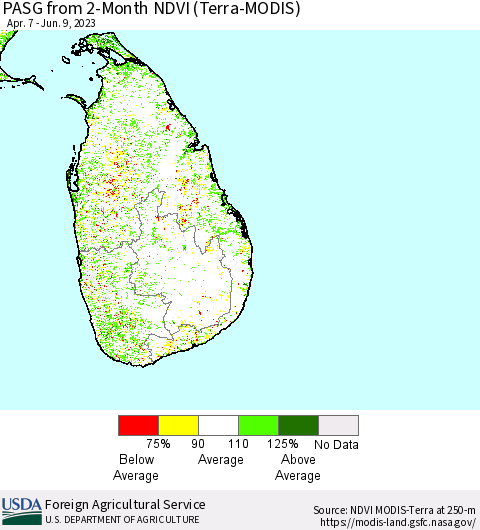 Sri Lanka PASG from 2-Month NDVI (Terra-MODIS) Thematic Map For 6/1/2023 - 6/10/2023