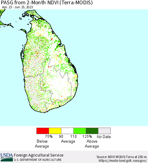 Sri Lanka PASG from 2-Month NDVI (Terra-MODIS) Thematic Map For 6/21/2023 - 6/30/2023