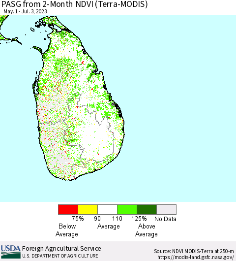 Sri Lanka PASG from 2-Month NDVI (Terra-MODIS) Thematic Map For 7/1/2023 - 7/10/2023