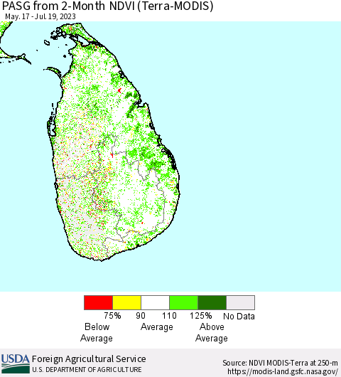 Sri Lanka PASG from 2-Month NDVI (Terra-MODIS) Thematic Map For 7/11/2023 - 7/20/2023