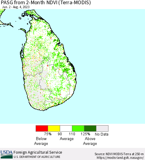 Sri Lanka PASG from 2-Month NDVI (Terra-MODIS) Thematic Map For 8/1/2023 - 8/10/2023