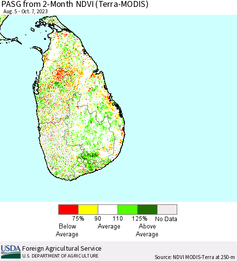Sri Lanka PASG from 2-Month NDVI (Terra-MODIS) Thematic Map For 10/1/2023 - 10/10/2023