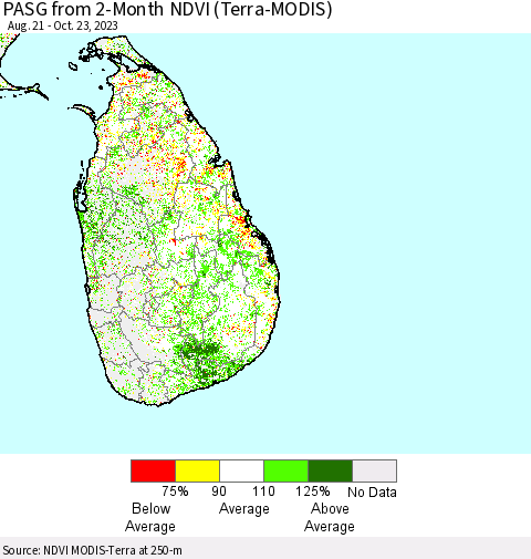 Sri Lanka PASG from 2-Month NDVI (Terra-MODIS) Thematic Map For 10/16/2023 - 10/23/2023