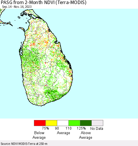Sri Lanka PASG from 2-Month NDVI (Terra-MODIS) Thematic Map For 11/9/2023 - 11/16/2023