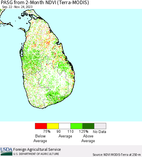 Sri Lanka PASG from 2-Month NDVI (Terra-MODIS) Thematic Map For 11/21/2023 - 11/30/2023