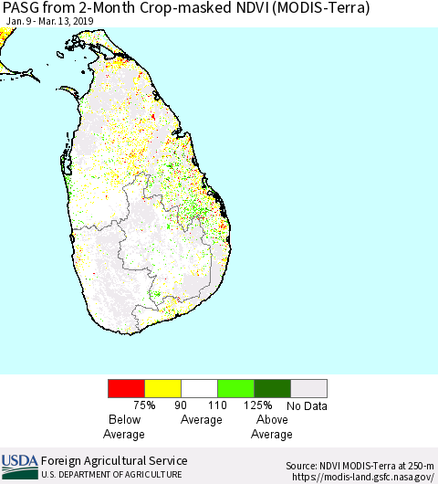 Sri Lanka PASG from 2-Month Crop-masked NDVI (MODIS-Terra) Thematic Map For 3/11/2019 - 3/20/2019