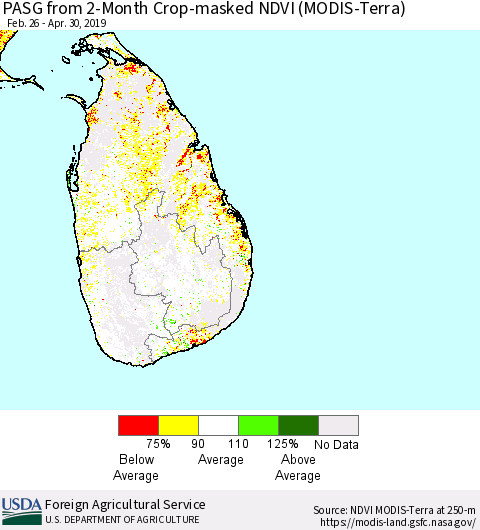 Sri Lanka PASG from 2-Month Crop-masked NDVI (MODIS-Terra) Thematic Map For 4/21/2019 - 4/30/2019