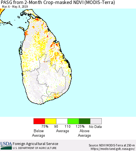 Sri Lanka PASG from 2-Month Cropland NDVI (Terra-MODIS) Thematic Map For 5/1/2019 - 5/10/2019