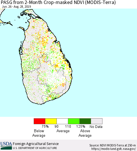 Sri Lanka PASG from 2-Month Cropland NDVI (Terra-MODIS) Thematic Map For 8/21/2019 - 8/31/2019