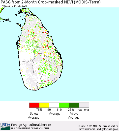 Sri Lanka PASG from 2-Month Cropland NDVI (Terra-MODIS) Thematic Map For 1/11/2020 - 1/20/2020