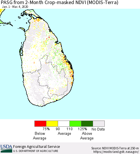 Sri Lanka PASG from 2-Month Cropland NDVI (Terra-MODIS) Thematic Map For 3/1/2020 - 3/10/2020
