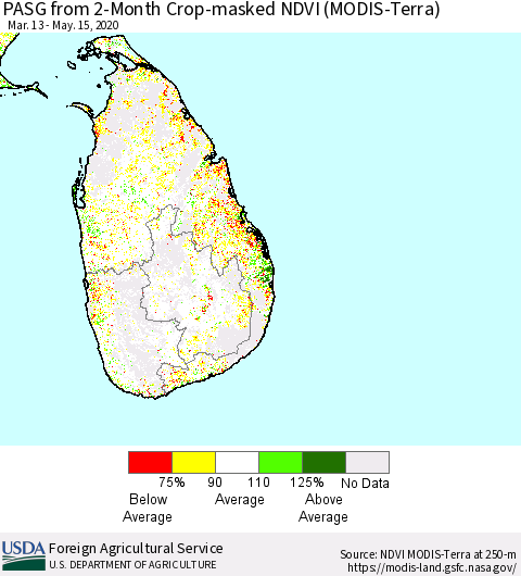 Sri Lanka PASG from 2-Month Cropland NDVI (Terra-MODIS) Thematic Map For 5/11/2020 - 5/20/2020