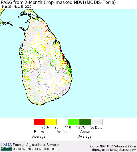 Sri Lanka PASG from 2-Month Cropland NDVI (Terra-MODIS) Thematic Map For 5/21/2020 - 5/31/2020