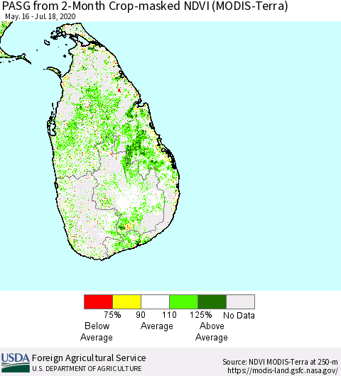 Sri Lanka PASG from 2-Month Cropland NDVI (Terra-MODIS) Thematic Map For 7/11/2020 - 7/20/2020