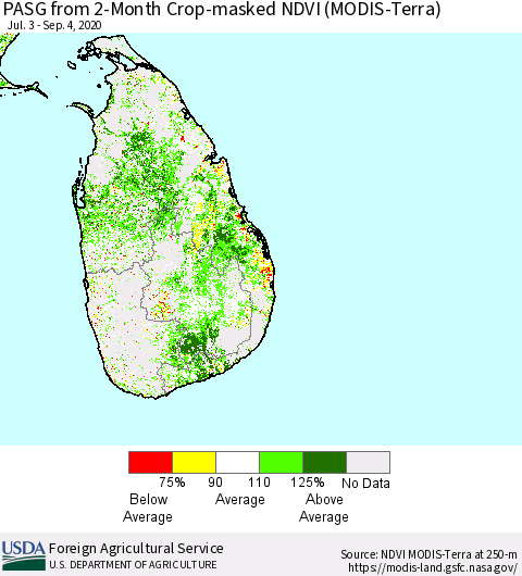 Sri Lanka PASG from 2-Month Cropland NDVI (Terra-MODIS) Thematic Map For 9/1/2020 - 9/10/2020