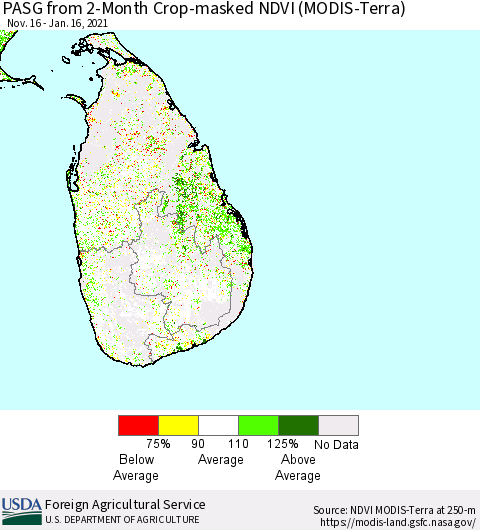 Sri Lanka PASG from 2-Month Crop-masked NDVI (MODIS-Terra) Thematic Map For 1/11/2021 - 1/20/2021