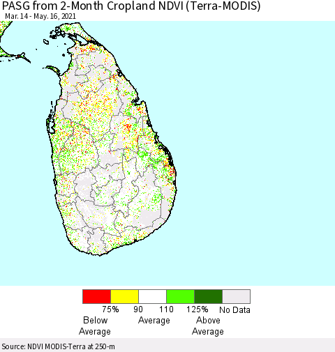 Sri Lanka PASG from 2-Month Cropland NDVI (Terra-MODIS) Thematic Map For 5/9/2021 - 5/16/2021