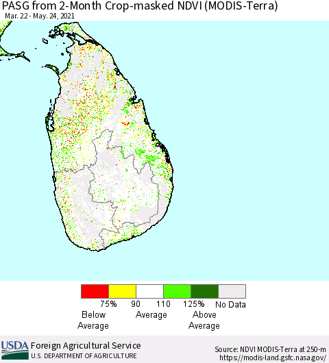Sri Lanka PASG from 2-Month Cropland NDVI (Terra-MODIS) Thematic Map For 5/21/2021 - 5/31/2021
