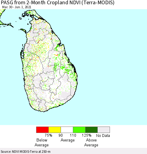 Sri Lanka PASG from 2-Month Cropland NDVI (Terra-MODIS) Thematic Map For 5/25/2021 - 6/1/2021