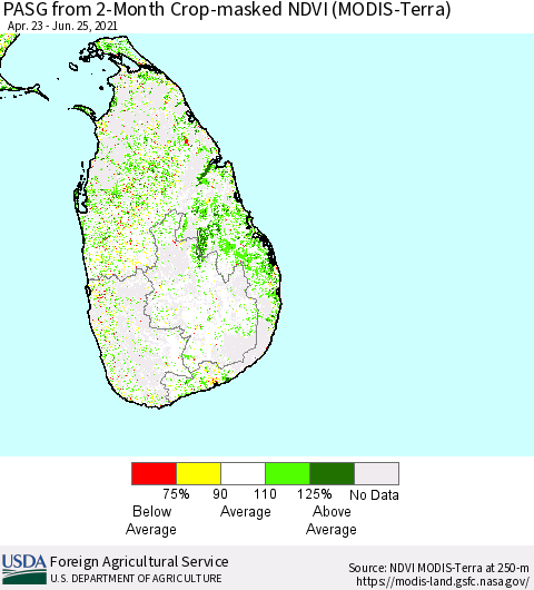Sri Lanka PASG from 2-Month Cropland NDVI (Terra-MODIS) Thematic Map For 6/21/2021 - 6/30/2021