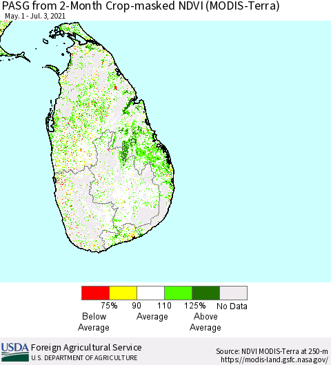 Sri Lanka PASG from 2-Month Cropland NDVI (Terra-MODIS) Thematic Map For 7/1/2021 - 7/10/2021
