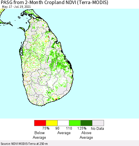 Sri Lanka PASG from 2-Month Cropland NDVI (Terra-MODIS) Thematic Map For 7/12/2021 - 7/19/2021