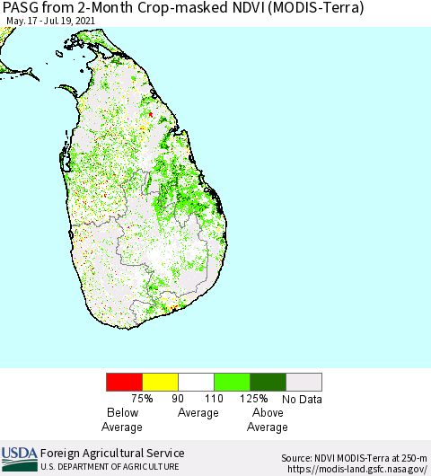 Sri Lanka PASG from 2-Month Cropland NDVI (Terra-MODIS) Thematic Map For 7/11/2021 - 7/20/2021