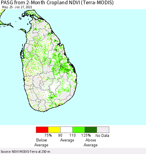 Sri Lanka PASG from 2-Month Cropland NDVI (Terra-MODIS) Thematic Map For 7/20/2021 - 7/27/2021
