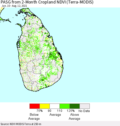 Sri Lanka PASG from 2-Month Cropland NDVI (Terra-MODIS) Thematic Map For 8/5/2021 - 8/12/2021
