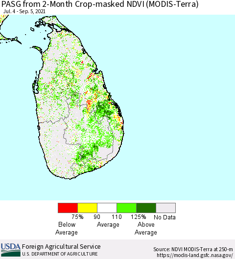 Sri Lanka PASG from 2-Month Cropland NDVI (Terra-MODIS) Thematic Map For 9/1/2021 - 9/10/2021