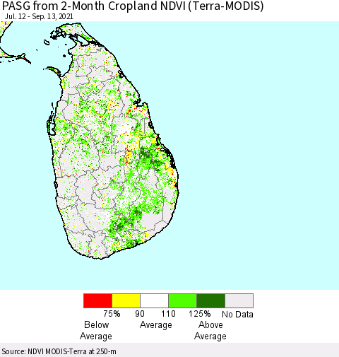 Sri Lanka PASG from 2-Month Cropland NDVI (Terra-MODIS) Thematic Map For 9/6/2021 - 9/13/2021