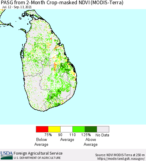 Sri Lanka PASG from 2-Month Cropland NDVI (Terra-MODIS) Thematic Map For 9/11/2021 - 9/20/2021