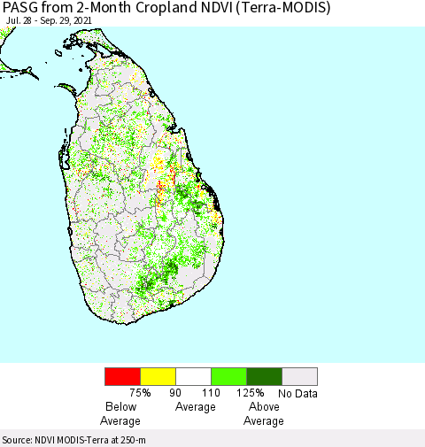 Sri Lanka PASG from 2-Month Cropland NDVI (Terra-MODIS) Thematic Map For 9/22/2021 - 9/29/2021