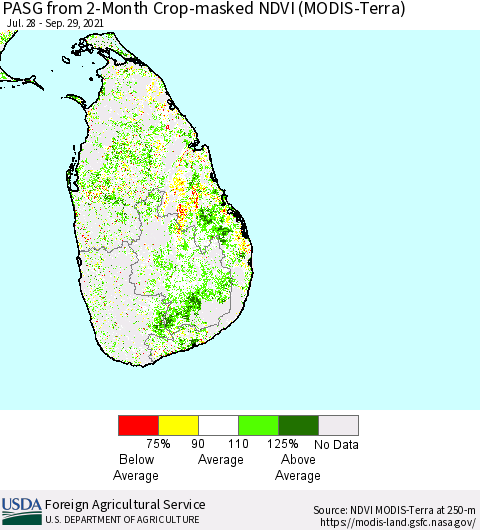Sri Lanka PASG from 2-Month Cropland NDVI (Terra-MODIS) Thematic Map For 9/21/2021 - 9/30/2021
