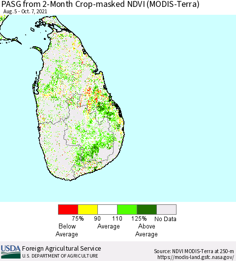 Sri Lanka PASG from 2-Month Crop-masked NDVI (MODIS-Terra) Thematic Map For 10/1/2021 - 10/10/2021