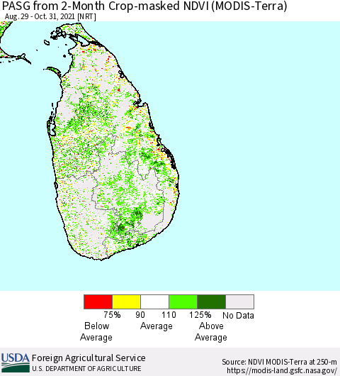 Sri Lanka PASG from 2-Month Crop-masked NDVI (MODIS-Terra) Thematic Map For 10/21/2021 - 10/31/2021