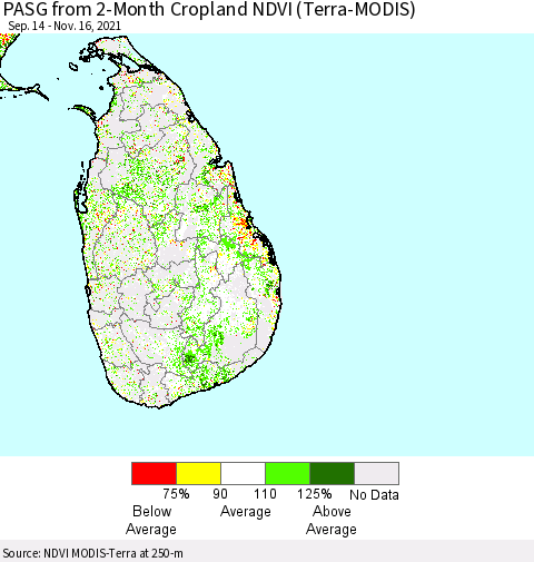 Sri Lanka PASG from 2-Month Cropland NDVI (Terra-MODIS) Thematic Map For 11/9/2021 - 11/16/2021