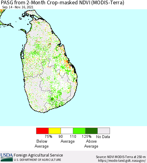 Sri Lanka PASG from 2-Month Crop-masked NDVI (MODIS-Terra) Thematic Map For 11/11/2021 - 11/20/2021