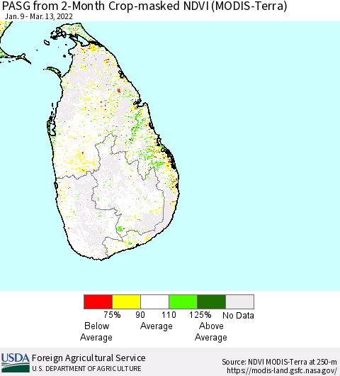 Sri Lanka PASG from 2-Month Cropland NDVI (Terra-MODIS) Thematic Map For 3/11/2022 - 3/20/2022