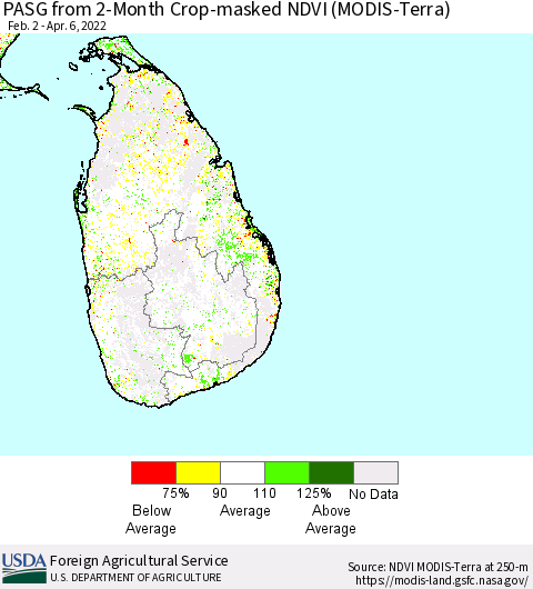 Sri Lanka PASG from 2-Month Cropland NDVI (Terra-MODIS) Thematic Map For 4/1/2022 - 4/10/2022