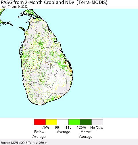 Sri Lanka PASG from 2-Month Cropland NDVI (Terra-MODIS) Thematic Map For 6/2/2022 - 6/9/2022