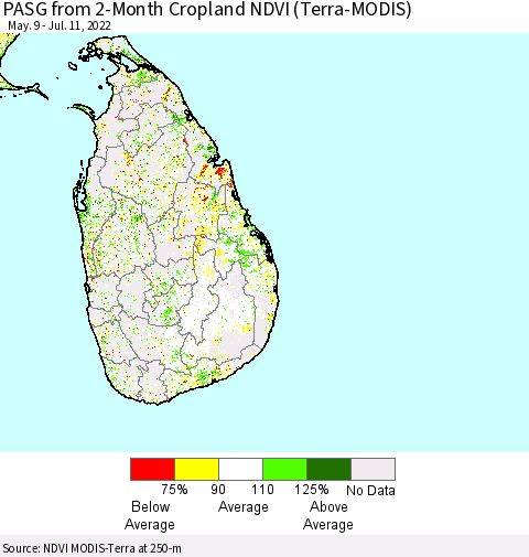 Sri Lanka PASG from 2-Month Cropland NDVI (Terra-MODIS) Thematic Map For 7/4/2022 - 7/11/2022