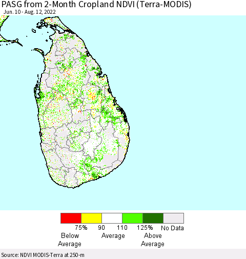 Sri Lanka PASG from 2-Month Cropland NDVI (Terra-MODIS) Thematic Map For 8/5/2022 - 8/12/2022