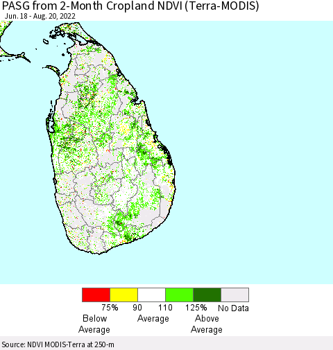 Sri Lanka PASG from 2-Month Cropland NDVI (Terra-MODIS) Thematic Map For 8/11/2022 - 8/20/2022