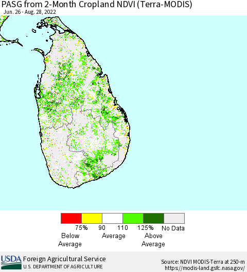Sri Lanka PASG from 2-Month Cropland NDVI (Terra-MODIS) Thematic Map For 8/21/2022 - 8/31/2022