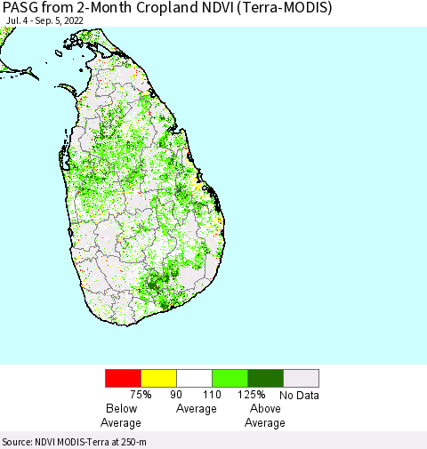Sri Lanka PASG from 2-Month Cropland NDVI (Terra-MODIS) Thematic Map For 8/29/2022 - 9/5/2022