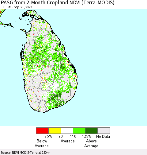Sri Lanka PASG from 2-Month Cropland NDVI (Terra-MODIS) Thematic Map For 9/14/2022 - 9/21/2022